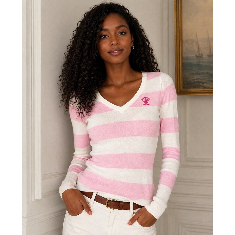 Beverly‎ Hills Polo Club Pink White Striped V-Neck Sweater Women's Medium Preppy